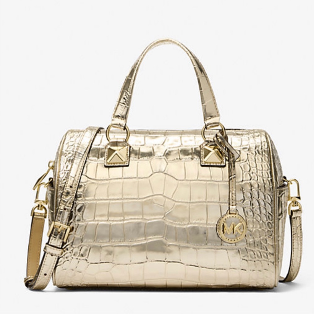 Michael kors Grayson crocodile embossed gold satchel handbag NWT Authentic